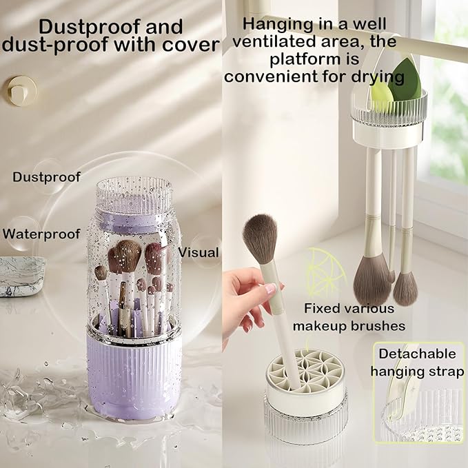 360° Rotating Makeup Brush Holder Organizer,Makeup Brush Holder with Cleaning and Drying Function,Cosmetic Display Case with Cover,Makeup Organizer for Vanity,Desktop,Bathroom(Cream)