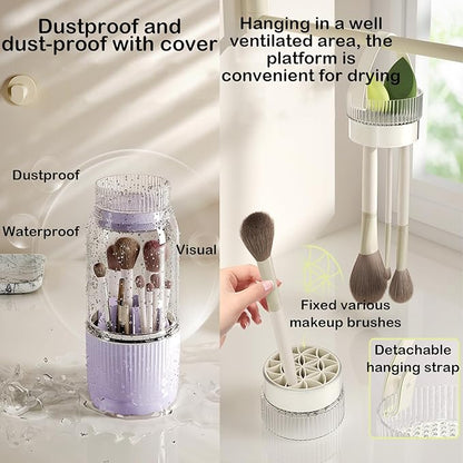 360° Rotating Makeup Brush Holder Organizer,Makeup Brush Holder with Cleaning and Drying Function,Cosmetic Display Case with Cover,Makeup Organizer for Vanity,Desktop,Bathroom(Cream)