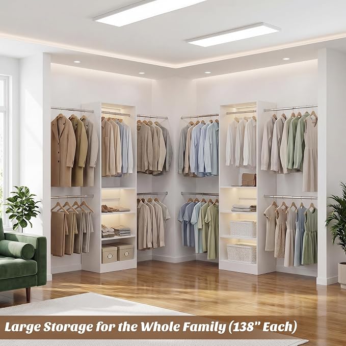 12FT Large Open Closet System, 138'' Wall-Mounted Closet Shelving with 5 Hanging Rods and 6 Shelves, Customizable Wardrobe for Walk-In Closets, Fits 5–12FT Spaces, White