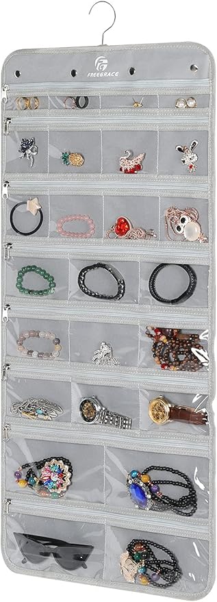 Hanging Jewelry Organizer with 50 Transparent Pockets, 360 Rotating Hanger & Secure Zipper Closure - Foldable Double Sided Jewelry Storage Bag for Earrings, Rings, Necklaces, Bracelets (Gray)