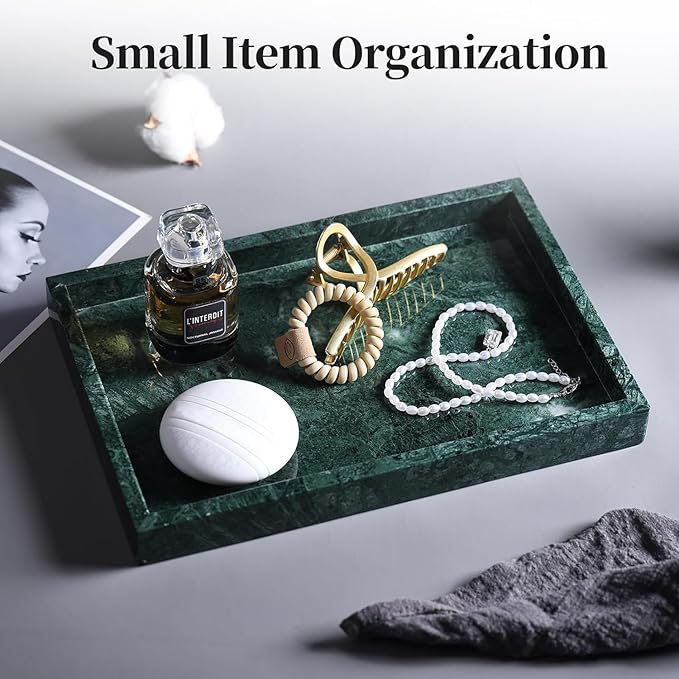 YMXYJM Real Natural Marble Tray for Bathroom, Genuine Marble Stone Vanity Tray, Luxury Storage Trays for Kitchen, Vanity, Home Decor, Dresser, Non-Resin/Non-Ceramic, 12"x 8"x 1.2", Dark Green