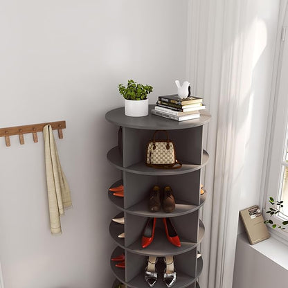 HomVent Rotating Shoe Rack, Wooden 6-Tier Spinning Shoe Rack Tower, Free Standing 360° Revolving Shoe Organizer Shoe Storage Shelf Can Hold Over 24 Pairs Shoes for Entryway Living Room (6-Tier, Gray)