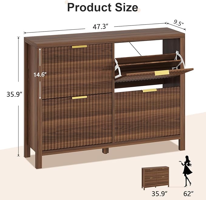 YOMILUVE Shoe Cabinet Storage for Entryway, Fluted Shoe Cabinet with 4 Flip Drawers, Hidden Shoe Rack Freestanding Wooden Shoe Organizer with Legs for Hallway, Walnut