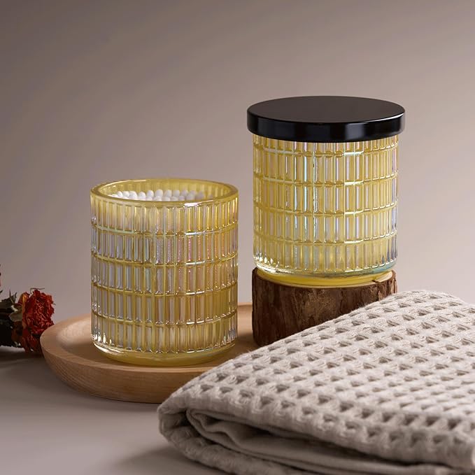 Qtip Holder for Bathroom set of 2, Clear Glass Apothecary Jars with Lids, Bathroom Canisters for Cotton Balls,Swabs,Floss Picks,Hair Ties,Vanity Organizer and Storage,Vintage Decor (Yellow)