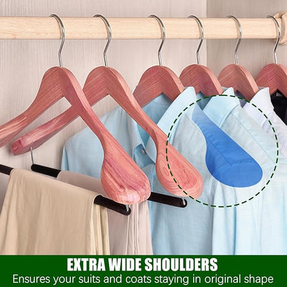 Amber Home 5 Pack Cedar Suit Hangers with Extra Wide Shoulder, Wooden Clothes Hangers for Coats & Jacket, Aromatic Natural Cedar Hangers with Non-Slip Velvet Pant Bar