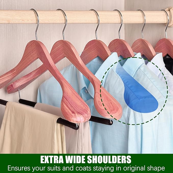 Amber Home 10 Pack Cedar Suit Hangers with Extra Wide Shoulder, Wooden Clothes Hangers for Coats & Jacket, Aromatic Natural Cedar Hangers with Non-Slip Velvet Pant Bar