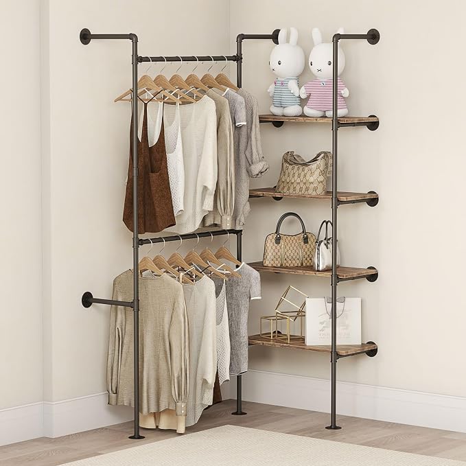 Industrial Pipe Clothing Rack, Heavy Duty Adjustable Garment Hanger with Shelves, 2 Installation Methods Closet Storage System for Wardrobe Organization (Black, 80" H x 55" W)