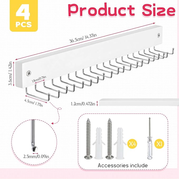 4 Pack Necklace Holder Wall Mount, Hanging Jewelry Organizer with 80 Hooks Total, Space Saving Wooden Necklace Holder for Wall, Necklace Organizer Hanger for Necklaces, Bracelets, Pendant