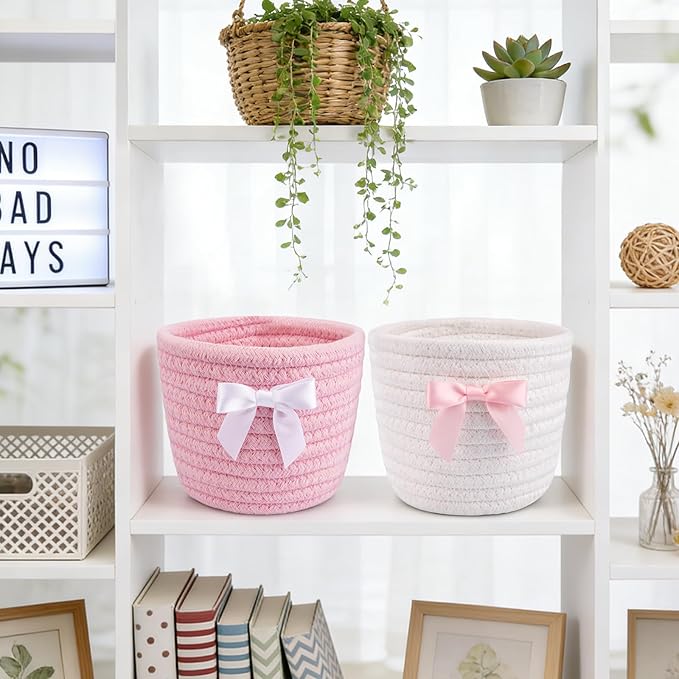 2 Pack Bow Makeup Brush Holder- Mini Woven Cotton Rope Small Oval Basket with Bow Decor, Comb Brushes Storage Decorative Basket for Pencil Cosmetics Organizer Gift for Women,4 x 4 IN