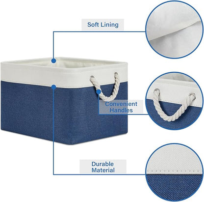 Temary Fabric Storage Baskets 4Pack Storage Bins Decorative Basket for Gift, Clothes Bin with Rope Handle, Rectangle Baskets for Storage, Blankets(White&Blue,15x11x9.5 inch)