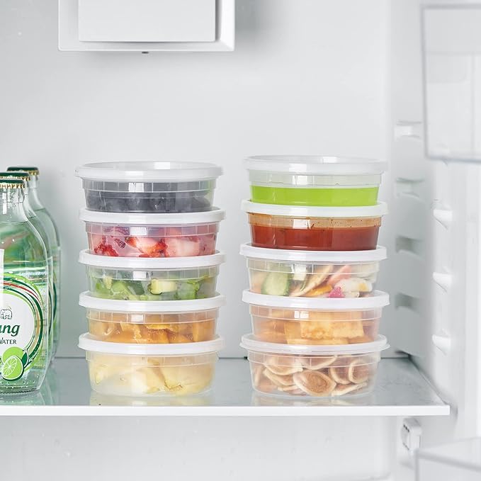 Jaluxing 8 oz. Plastic Deli Containers With Lids, 48 Sets - Leakproof, Stackable, BPA Free, Microwavable, Freezer Safe (Formerly FULING)