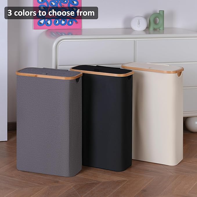 Slim Laundry Basket,60L Laundry Hamper with Lid, Tall Hamper for Laundry,Dirty Cloth Hamper with Bamboo Handle for Towels, Clothes Organizing,Grey