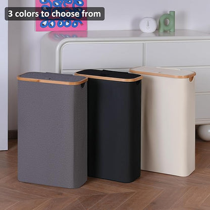 Slim Laundry Basket,60L Laundry Hamper with Lid, Tall Hamper for Laundry,Dirty Cloth Hamper with Bamboo Handle for Towels, Clothes Organizing,Grey