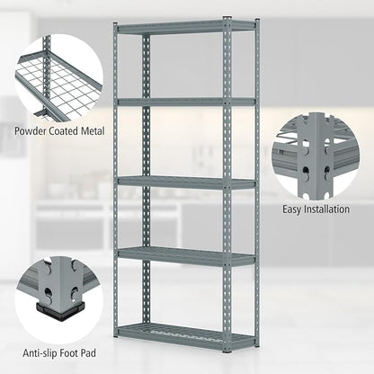Goplus 5-Tier Metal Shelving Unit, Heavy Duty Wire Storage Rack with Anti-Slip Foot Pads, Height Adjustable Shelves for Warehouse, Kitchen, Living Room, Garage, 12" D x 35.5" W x 72" H