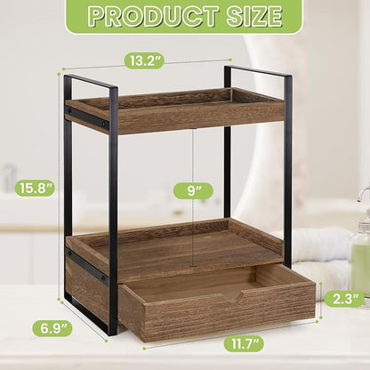 2-Tier Bathroom Organizer Countertop with Drawer, Wood Counter Shelf for Storage, Vanity Tray for Organization and Decor, Countertop Organizer for Bathroom, Kitchen, Office (Dark Brown)