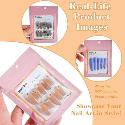 202pcs Press on Nail Packaging Bag, 100pcs Empty Holographic Nail Storage Bag and 100pcs Instruction&Display Black Cardboard with 2 Roll Transparent Tape for Nail Display Profession Salon(Pink, 100)