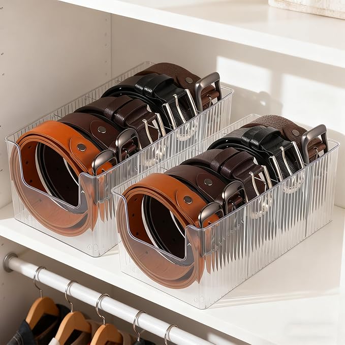 2-Pack Acrylic Belt Organizer for Closet & Drawer, Clear Belt Holder Display with 8 Detachable Compartments, Adjustable Storage Box for Belts, Ties, Bows, Wallets, and Jewelry
