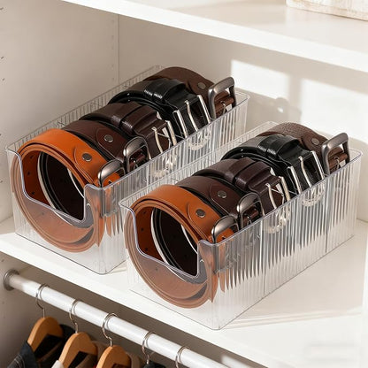 2-Pack Acrylic Belt Organizer for Closet & Drawer, Clear Belt Holder Display with 8 Detachable Compartments, Adjustable Storage Box for Belts, Ties, Bows, Wallets, and Jewelry