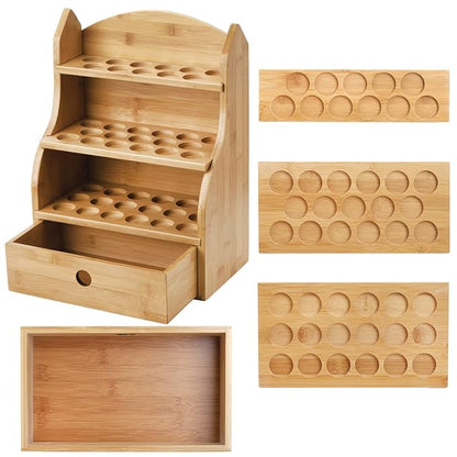 Dicunoy Essential Oils Storage Case, 46 Slots Nail Polish Shelf Display Rack with Drawer, Bamboo 3 Tiers Essential Oil Organizer Holds 10/15/20/30ml Bottles for Home, Cosmetic Shelf, Fairs, Shop