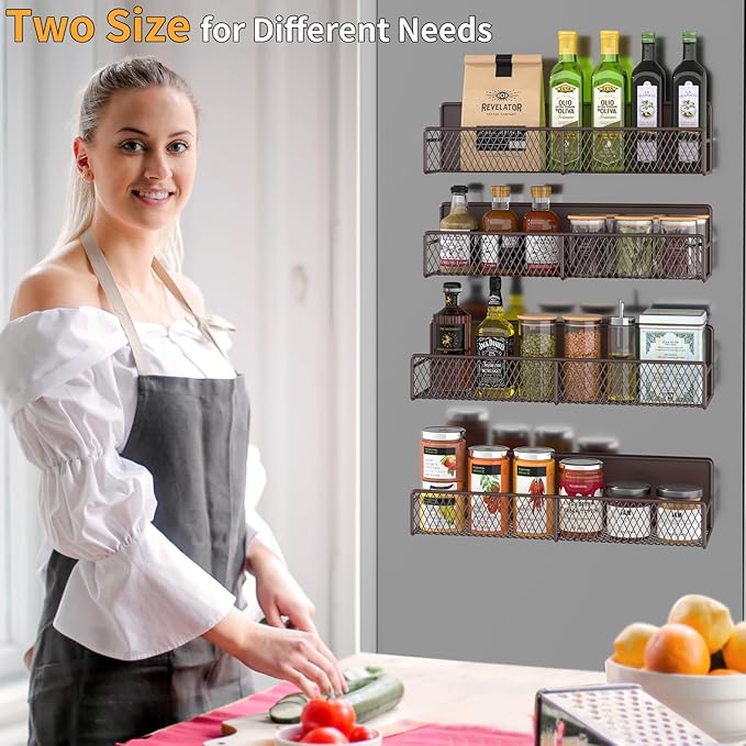 DTUQYX Magnetic Spice Rack for Refrigerator, 4 Pack 100% Metal Strong Magnet Fridge Shelves, Space Saving Spice Organizer, No Drilling Moveable Home Kitchen Laundry Room Storage Organization, Brown