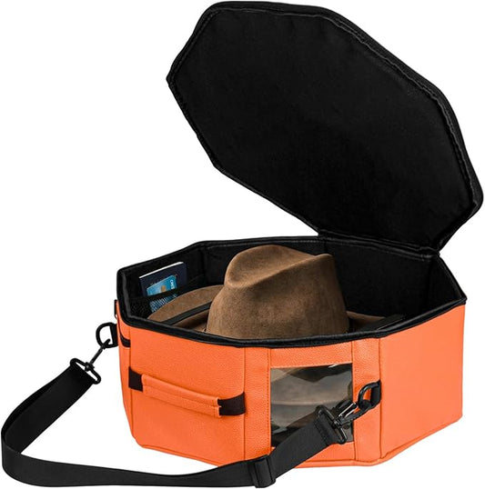 Vegan Leather Hat Box,Large Octagonal Hat Travel Fits 5 Cowboy or Wide-Brim Hats,Padded Hat Storage Organizer with Trolley Sleeve,Clear Window & Shoulder Strap,for Travel or Home Organization, Orange
