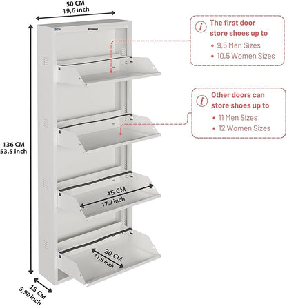 CEHA 4 Tier Metal Shoe Cabinet with Cover, Durable Shoe Storage Organizer for Entryway, Space Saving Shoe Shelf Closet with Side Ventilation Holes, 5.91" x 53.5" x 19.68", White