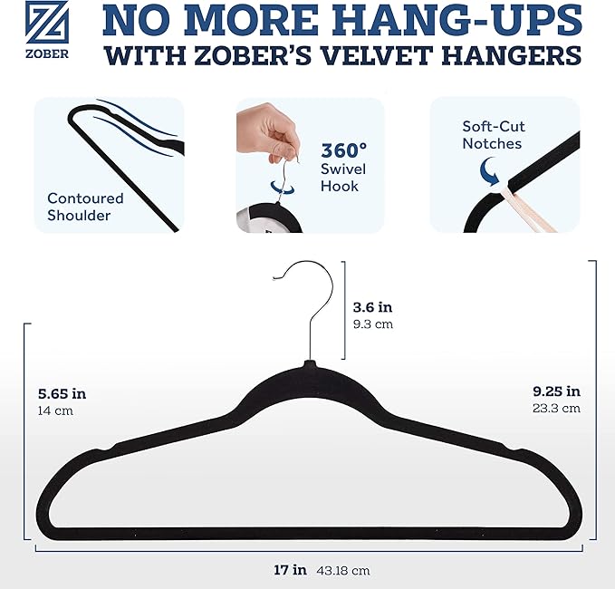 ZOBER Black Velvet Hangers 50 Pack - Clothes Hangers, Coat Hanger for Pants & Dress Clothes - Non Slip w/ 360 Degree Swivel, Holds up to 10 lbs - Strong Felt Hanger for Clothing
