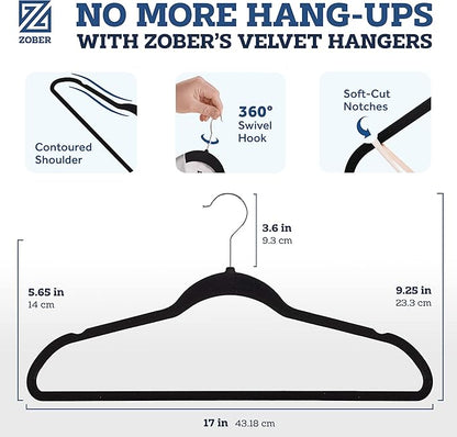 ZOBER Black Velvet Hangers 50 Pack - Clothes Hangers, Coat Hanger for Pants & Dress Clothes - Non Slip w/ 360 Degree Swivel, Holds up to 10 lbs - Strong Felt Hanger for Clothing