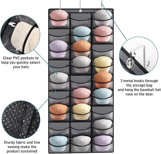 Fixwal Hat Organizer for Baseball Caps, 27 Pocket Over The Door Hat Storage Closet Holder Hanger, Clear Deep Pockets, Baseball Hat Rack for Wall Door with 3 Hooks, Grey