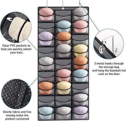 Fixwal Hat Organizer for Baseball Caps, 27 Pocket Over The Door Hat Storage Closet Holder Hanger, Clear Deep Pockets, Baseball Hat Rack for Wall Door with 3 Hooks, Grey