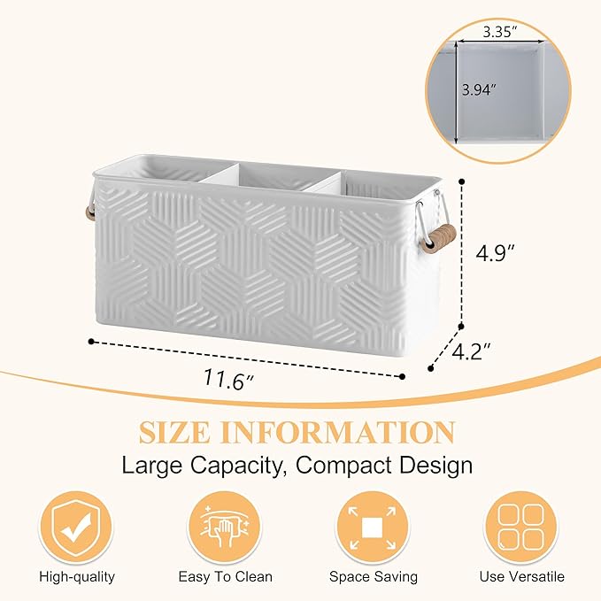 Silverware Caddy for Party Kitchen Flatware Holder for Countertop Metal White Hexagon Stripe Pattern Embossed Cutlery Organizer with 3 Compartments for Utensils, Spoons, Knives, Forks