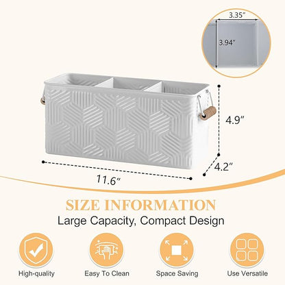 Silverware Caddy for Party Kitchen Flatware Holder for Countertop Metal White Hexagon Stripe Pattern Embossed Cutlery Organizer with 3 Compartments for Utensils, Spoons, Knives, Forks