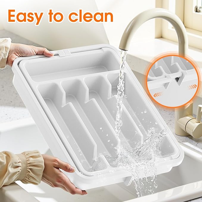 SpaceHacks Silverware Organizer，Adjustable & Expandable Utensil Drawer Organizer, BPA Free Utensil Holder, Cutlery Tray for Forks, Spoons, Knives in Kitchen, Medium, White
