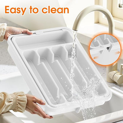 SpaceHacks Silverware Organizer，Adjustable & Expandable Utensil Drawer Organizer, BPA Free Utensil Holder, Cutlery Tray for Forks, Spoons, Knives in Kitchen, Medium, White