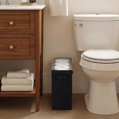 Cupic Cupid Toilet Paper Storage Baskets, Bathroom Toilet Paper Storage with Lid, Holds 12 Regular or 9 Mega Rolls, Slim Toilet Tissue Holder Basket with Clear PVC Lid and Handles, Black