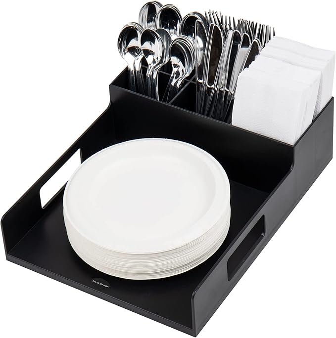 Mind Reader Utensil Napkin and Plate Organizer Tray, Countertop Caddy with 7 Compartments, Holds Plates up to 10.5 Inches, Breakroom and Buffet Organizer, Plastic, Black