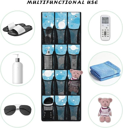 12-Pocket Storage Hanging Bag for Doors, Oxford Material, Waterproof Scratch-Proof and Designed for Organizing Household Items, Blue White Planets