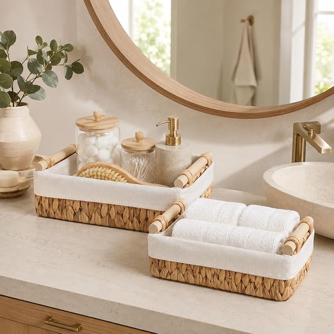 Water Hyacinth Bathroom Baskets for Shelves Set of 2 with Linen Liner & Wooden Handles – Wicker Bathroom Counter Organizer for Vanity, Towels & Toiletries