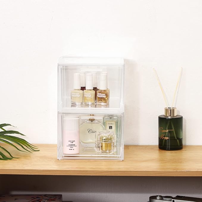 Yieach 2 Pack Stackable Makeup Organizer - 4.5'' Tall Acrylic Cosmetic Display Case - Clear Plastic Storage Bins For Vanity, Under Cabinets, Pantry Organization