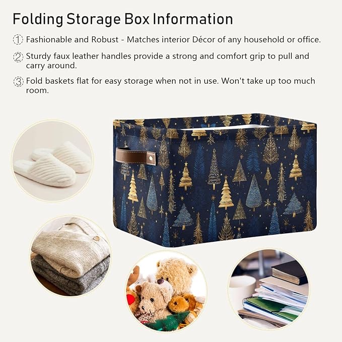 Large Storage Basket Gold Blue Christmas Trees Storage Bin Cube Canvas Fabric Organizer Handles Collapsible for Clothes Toys Bedroom Decorative