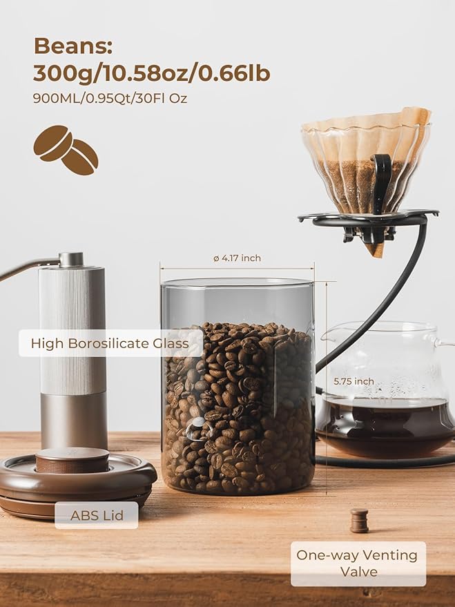 10 oz Coffee Canister, Airtight Glass Coffee Container for Ground Coffee & Beans, UV-Resistant Borosilicate Jar with CO2 Valve, Pop-Top Lid for Coffee Bar & Kitchen Counter