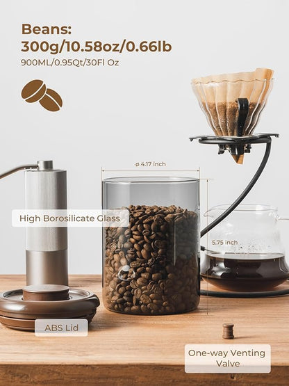 10 oz Coffee Canister, Airtight Glass Coffee Container for Ground Coffee & Beans, UV-Resistant Borosilicate Jar with CO2 Valve, Pop-Top Lid for Coffee Bar & Kitchen Counter