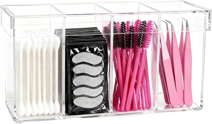 Klmnop Lash Extension Organizer with Lid, 4-Compartment Acrylic Storage Box for Lash Techs, Clear Eyelash Supplies Container Case with for Makeup Brushes and Beauty Tools(Clear)