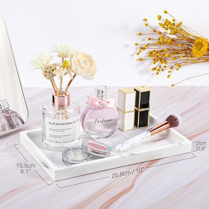 Luxspire Bathroom Vanity Tray, Resin Dresser Jewelry Ring Dish Tank Storage Kitchen Sink Countertop Organizer Plate Holder for Perfume Candles Soap Towel Plant Bathroom Accessories, M, Gravel White