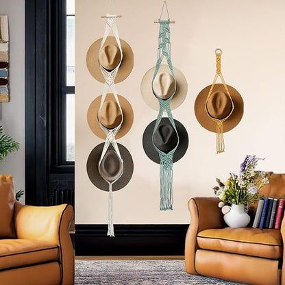 Besoamo Bohemian Hat Hanger for Wall, Macrame Hat Rack for Wall Hanging Hat Display, Hand-woven Hat Organizer for Wide-Brim Hat, Decorative Boho Hat Storage Cowboy Hat Holder(3 Styles and 3 Colors)