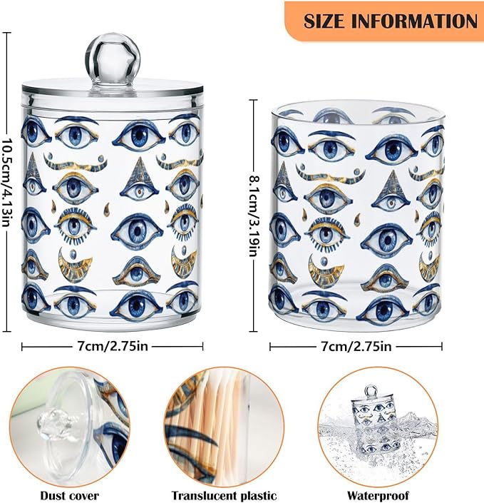 Magical Evil Eye Qtip Holder Dispenser Celestial Suns Moons Stars Bathroom Canister Storage Organization 2 Pack Clear Plastic Apothecary Jars with Lids Vanity Makeup Organizer For Cotton Swab Ball F