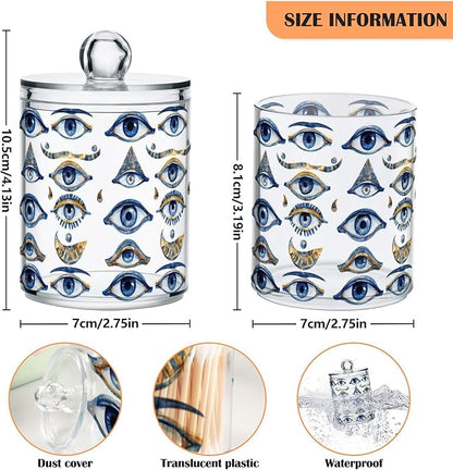 Magical Evil Eye Qtip Holder Dispenser Celestial Suns Moons Stars Bathroom Canister Storage Organization 2 Pack Clear Plastic Apothecary Jars with Lids Vanity Makeup Organizer For Cotton Swab Ball F