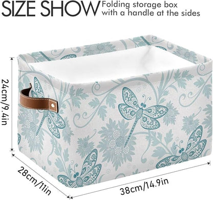 Foldable Storage Baskets, Parsley Dragonfly Storage Bins with Handles, Decorative Cloth Organizer Storage Boxes for Home|Office 15 x 11 x 9.5 in