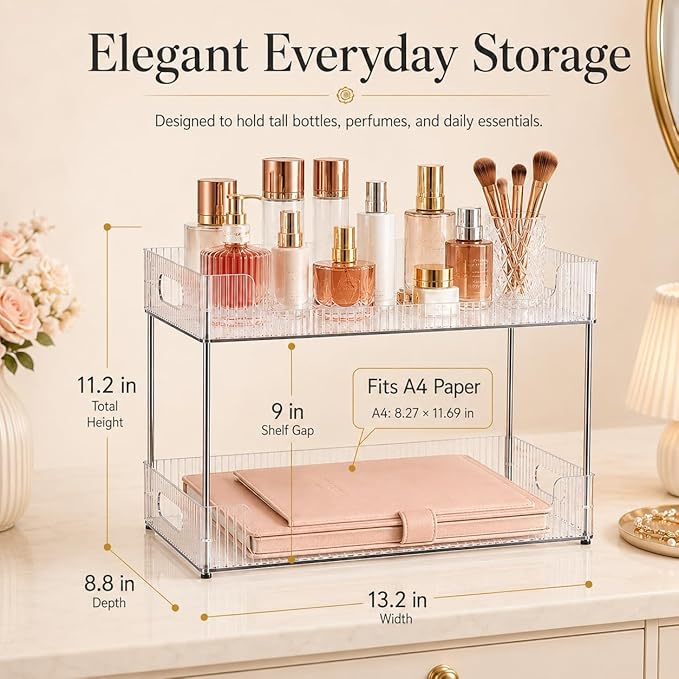 Goderewild 2-Tier Bathroom Counter Organizer, Multi-Purpose Cosmetics Skincare Shelf, Fits A4 Size Makeup Organizer for Office and Vanity Tray, Countertop Storage Solution for Kitchen,Bath.(Clear)