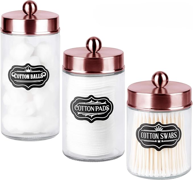 Apothecary Jars 3 Pack - Glass Bathroom Containers with Stainless Steel Lids - Rustic Farmhouse Decor Bathroom Accessories, Vanity Organizer Apothecary Jars for Qtip/Cotton Balls (Rose Gold)